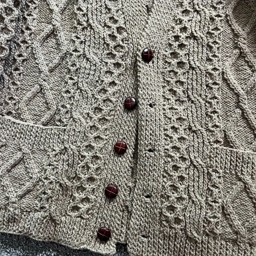VTG Aran Islands Ireland Wool Cardigan Sweater Brown Fisherman Chunky Knit Sz L